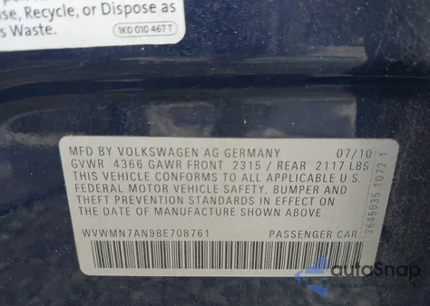 2011 Volkswagen Cc Sport from USA, damaged, VIN WVWMN7AN9BE708761